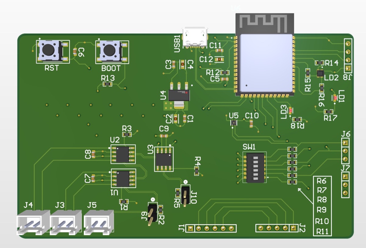 Populated PCB design render of the Peripheral Testing Board